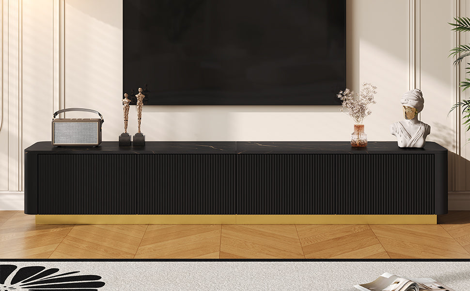 ON-TREND Luxury Fluted TV Stand for TVs Up to 85', Faux Marble Tabletop Media Console with 4 Drawers, Curved Profile Design, Modern Entertainment Center with Gold Base for Living Room, Black