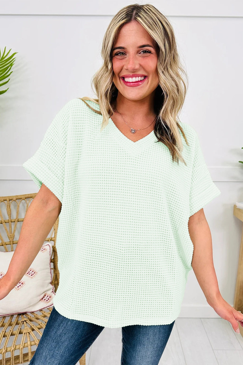 Solid Waffle Knit V-Neck Short Sleeve Top