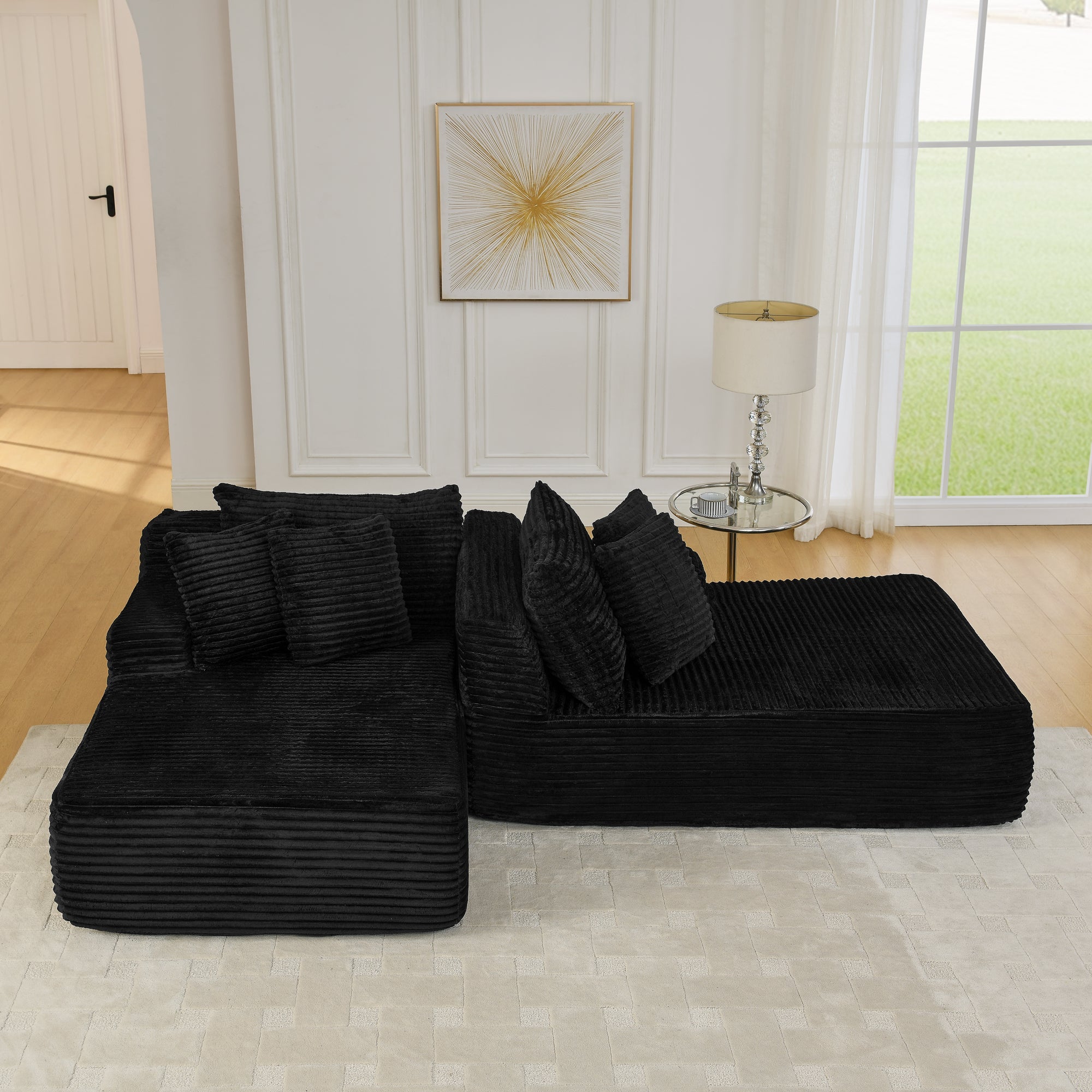 Two-seater lazy sofa lounge chair,Compressed sofa no assembly required, made of velvet fabric, fluffy modern  lounge chair, used for indoor living rooms and bedrooms-Black
