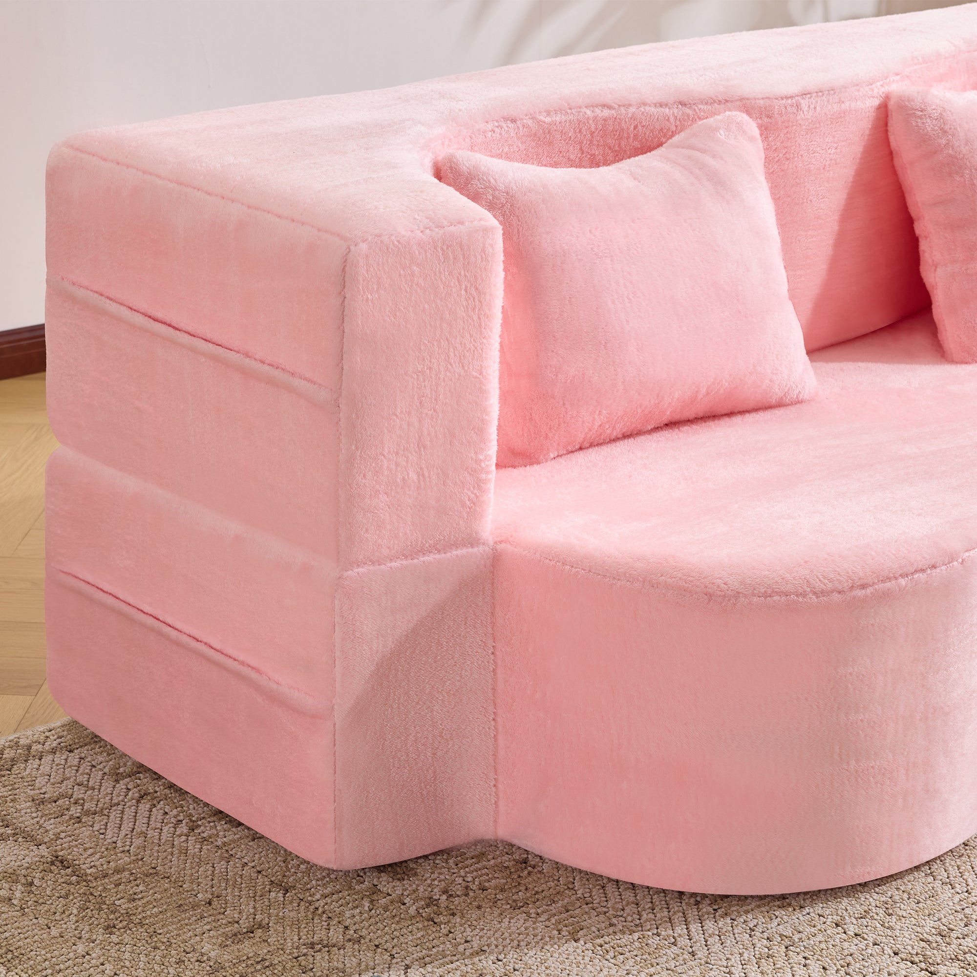 71-inch folding sofa bed, chenille futon sofa bed, high-density foam convertible sofa bed, folding floor sofa bed for living room, guest room, bedroom, pink