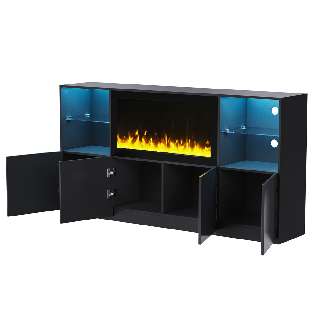 ON-TREND High Gloss TV Stand with 34.2' Non-heating Electric Fireplace, Modern Entertainment Center with LED Light, Media Console with Tempered Glass Shelves for TVs up to 75', Living Room, Black