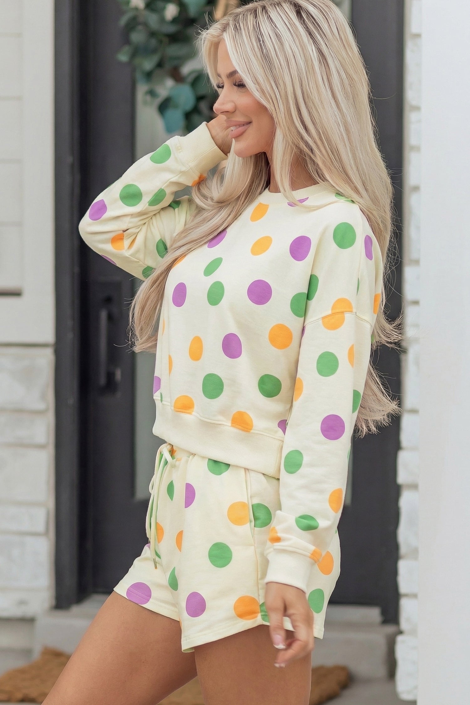 Polka Dot Pullover and Drawstring Shorts Set