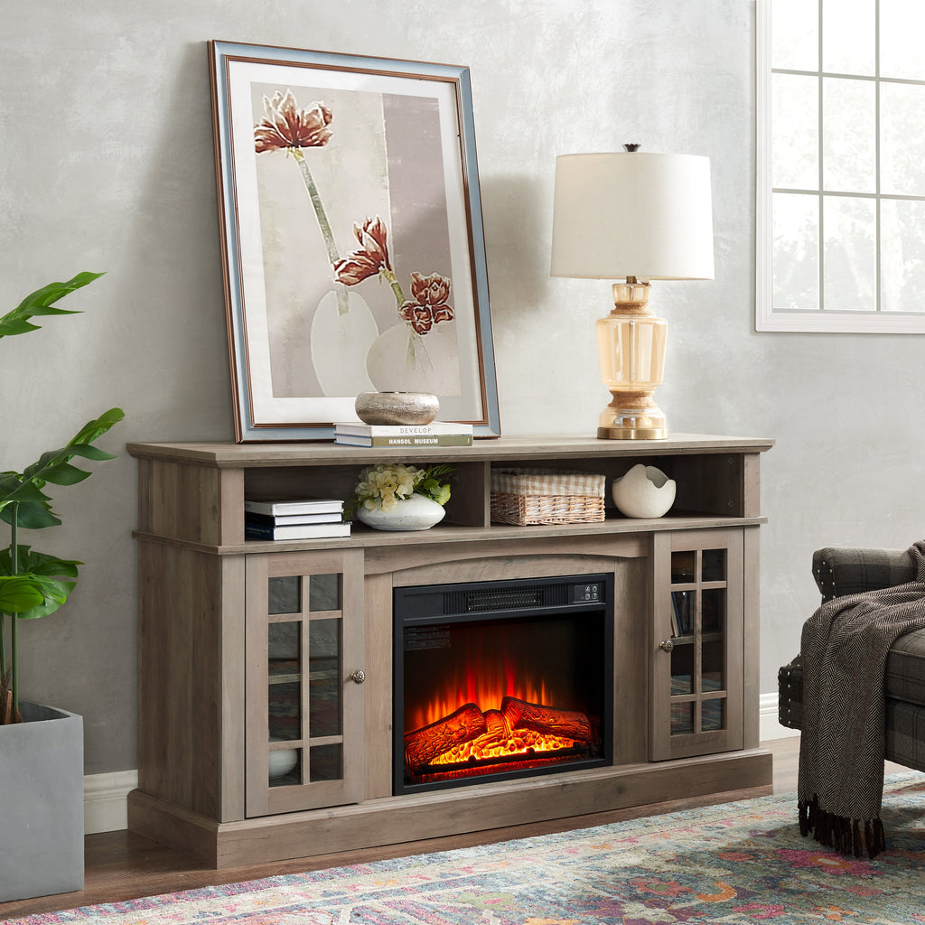 Classic TV Media Stand Modern Entertainment Console with 23' Fireplace Inset for TV Up to 65' with Open and Closed Storage Space, Gray Wash, 58.25'W*15.75'D*32'H