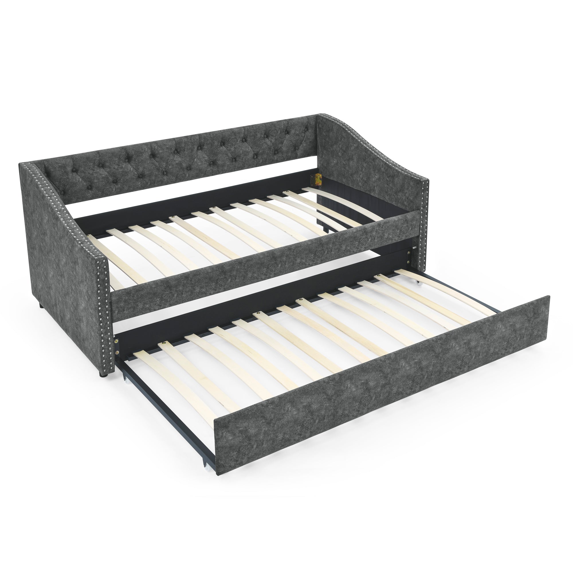 Twin Size Daybed with Twin Size Trundle Upholstered Tufted Sofa Bed, with Button on Back and Copper Nail on Waved Shape Arms, Grey (80.5'x41'x30.5')