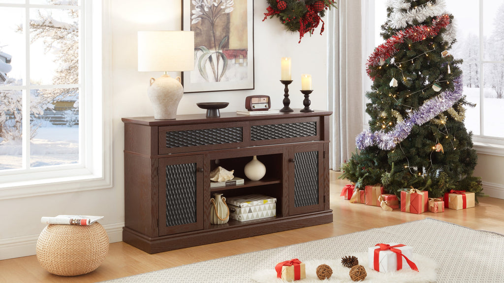 Embossed Pattern TV Stand with 23' fireplace insert,, TV and Media Console with Open and Closed Storage Space and sliding door for Living Room & Bedroom, Dark Cherry, 58.27'W*15.35'W*31.7H