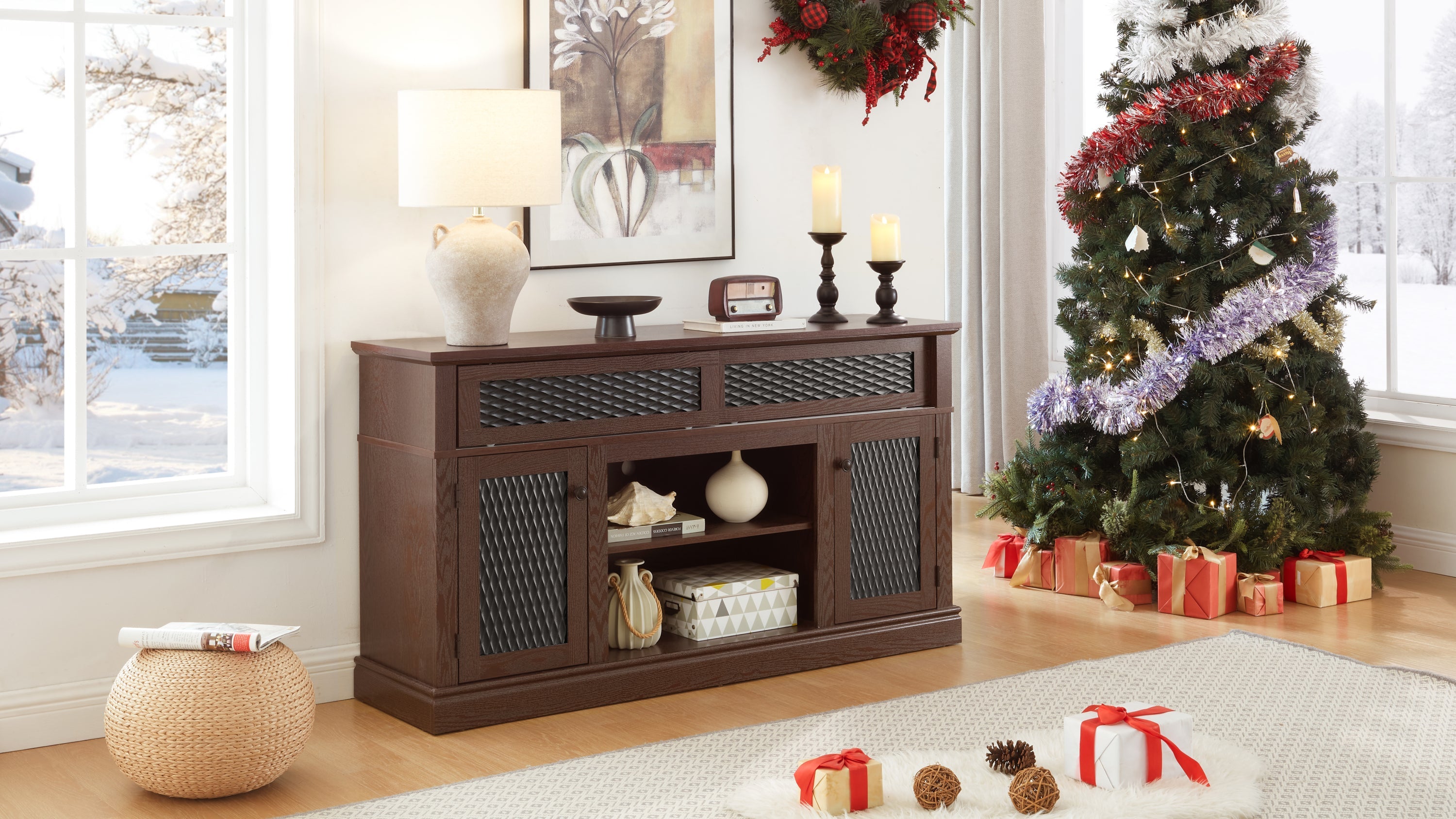 Embossed Pattern TV Stand with 23' fireplace insert,, TV and Media Console with Open and Closed Storage Space and sliding door for Living Room & Bedroom, Dark Cherry, 58.27'W*15.35'W*31.7H