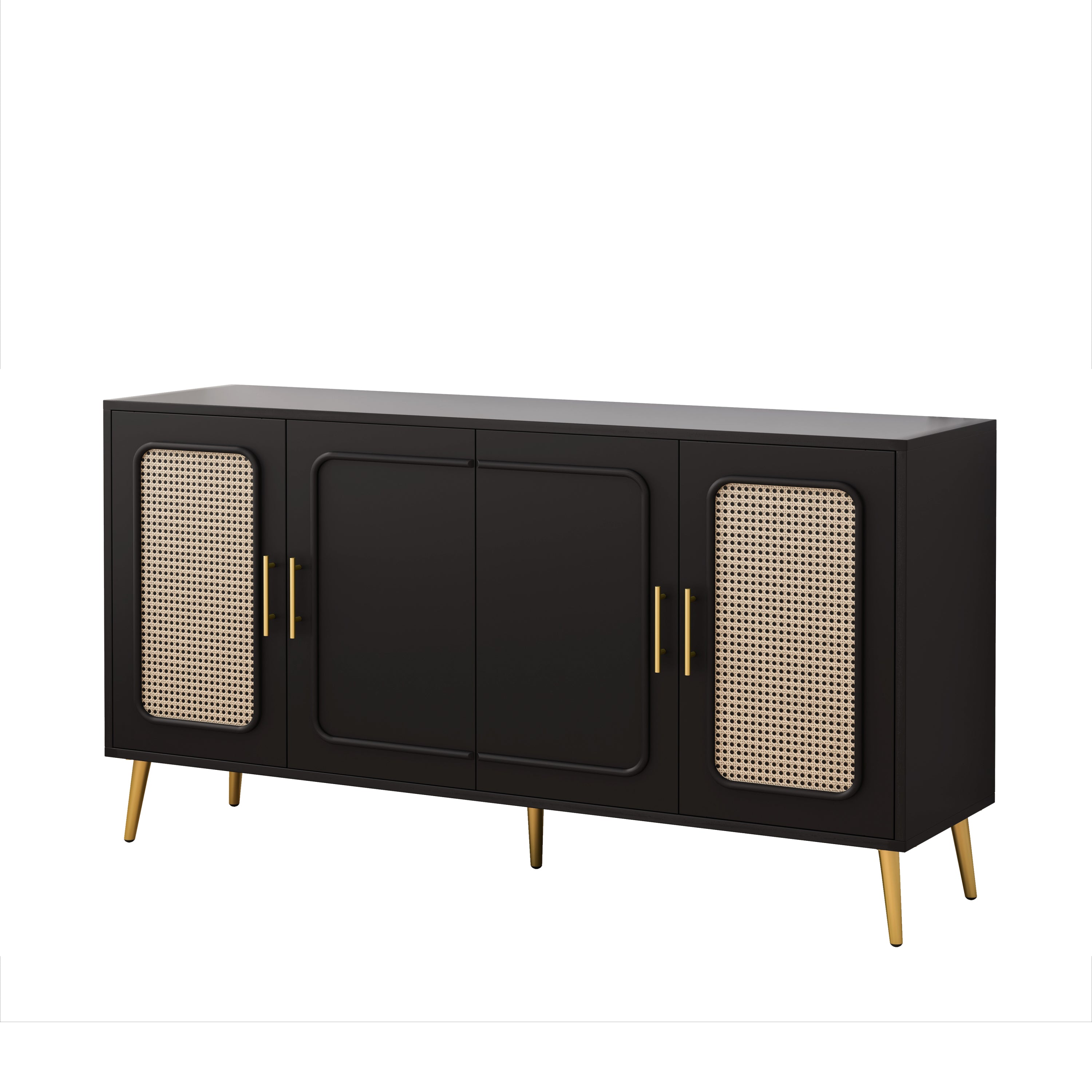 59.84' Vintage Four-Door Cabinet, Plastic Rattan, Suitable For Living Room, Dining Room, Bedroom(Black)