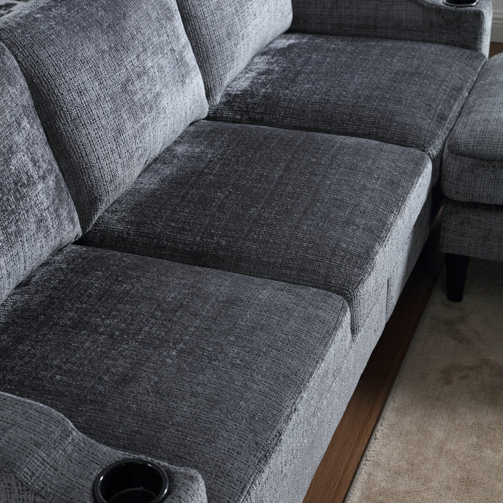 UNITED  WE WIN Sofa for three, solid wood frame, Chenille fabric, side pocket, with two cup holders, footstool with storagestorage sofa /Living room sofa cozy sectional  sofa