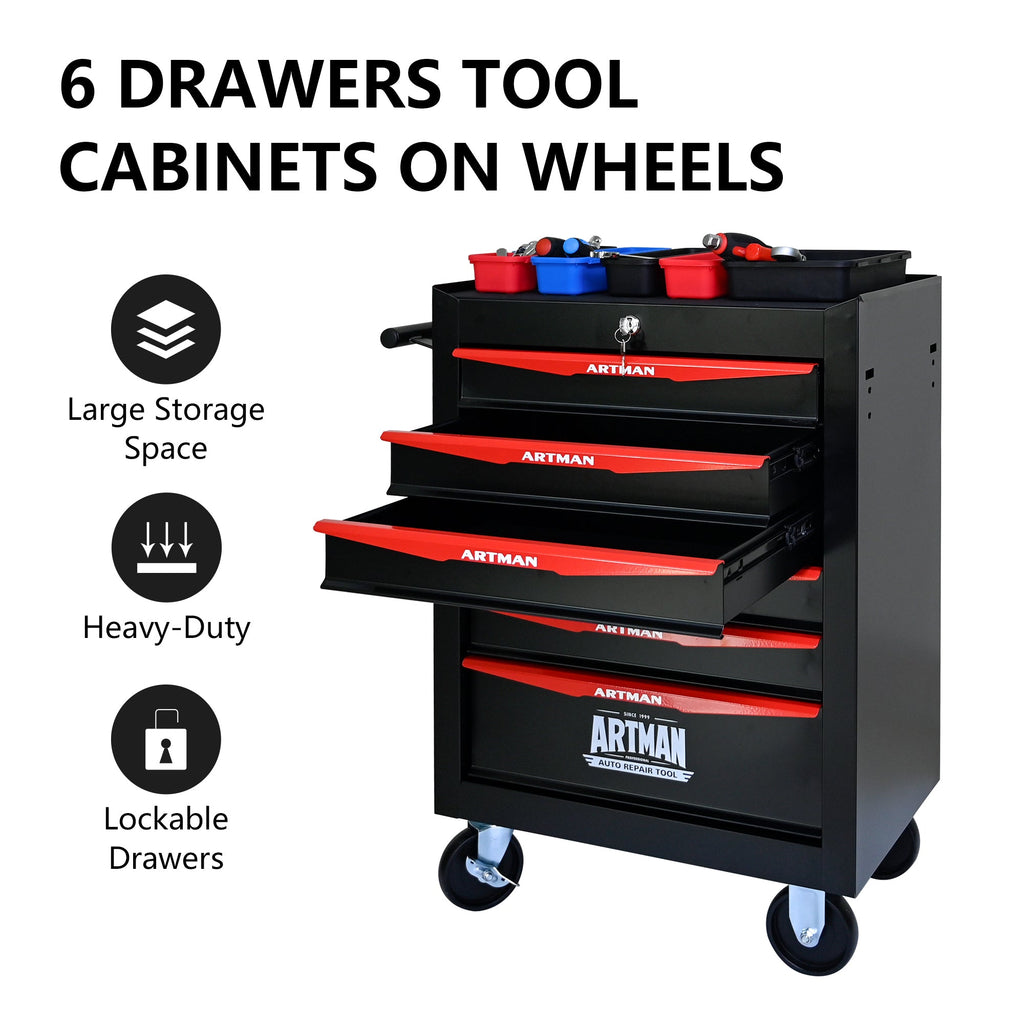 Rolling Metal Tool Chest with 6 Drawers, 20' Steel Storage Cabinet with Ball Bearing Slides, Black and Red Finish
