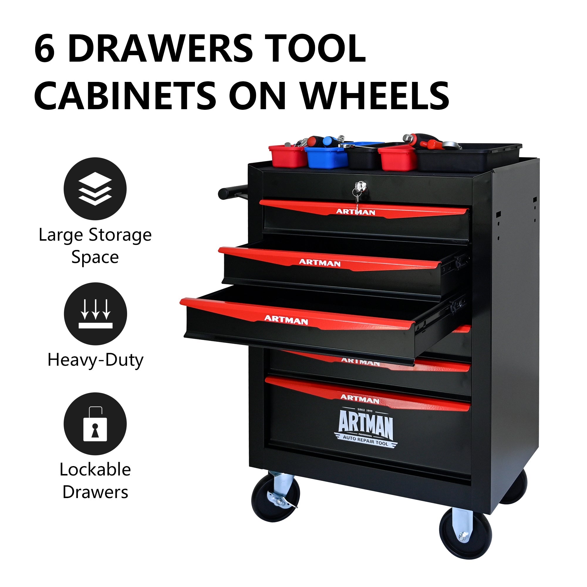 Rolling Metal Tool Chest with 6 Drawers, 20' Steel Storage Cabinet with Ball Bearing Slides, Black and Red Finish