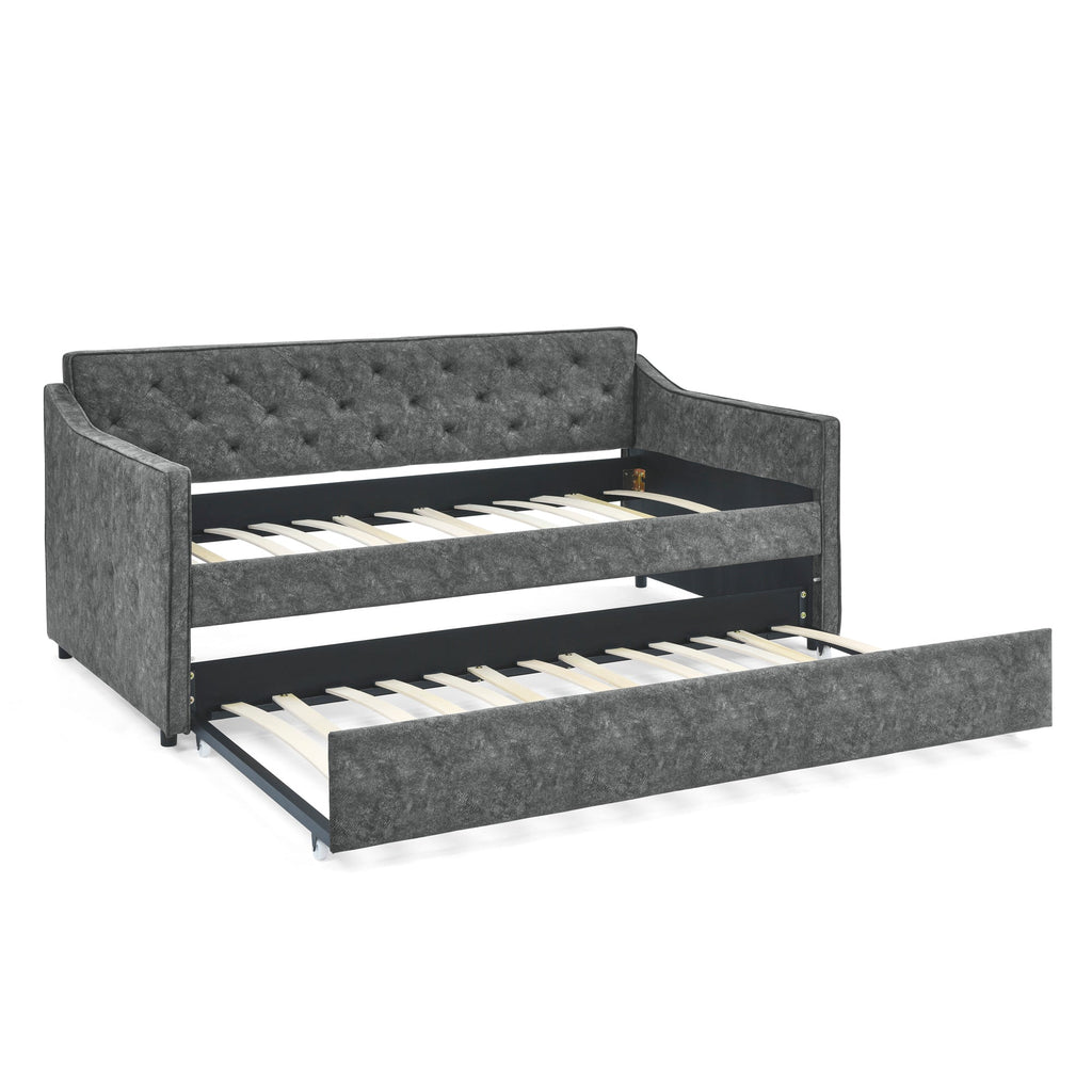 Twin Size Daybed with Twin Size Trundle Upholstered Tufted Sofa Bed,  Waved Shape Arms, Grey (80.5'x44.5'x33.5')