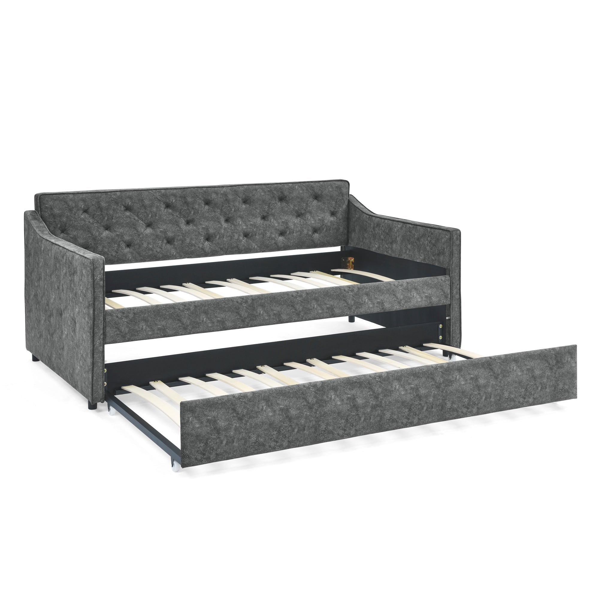 Twin Size Daybed with Twin Size Trundle Upholstered Tufted Sofa Bed,  Waved Shape Arms, Grey (80.5'x44.5'x33.5')