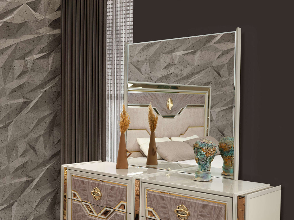 Omari Modern Style 4 Pc Queen Upholstered Bedroom Set Made with Wood and Gold Accents in Beige (NJ Inventory)
