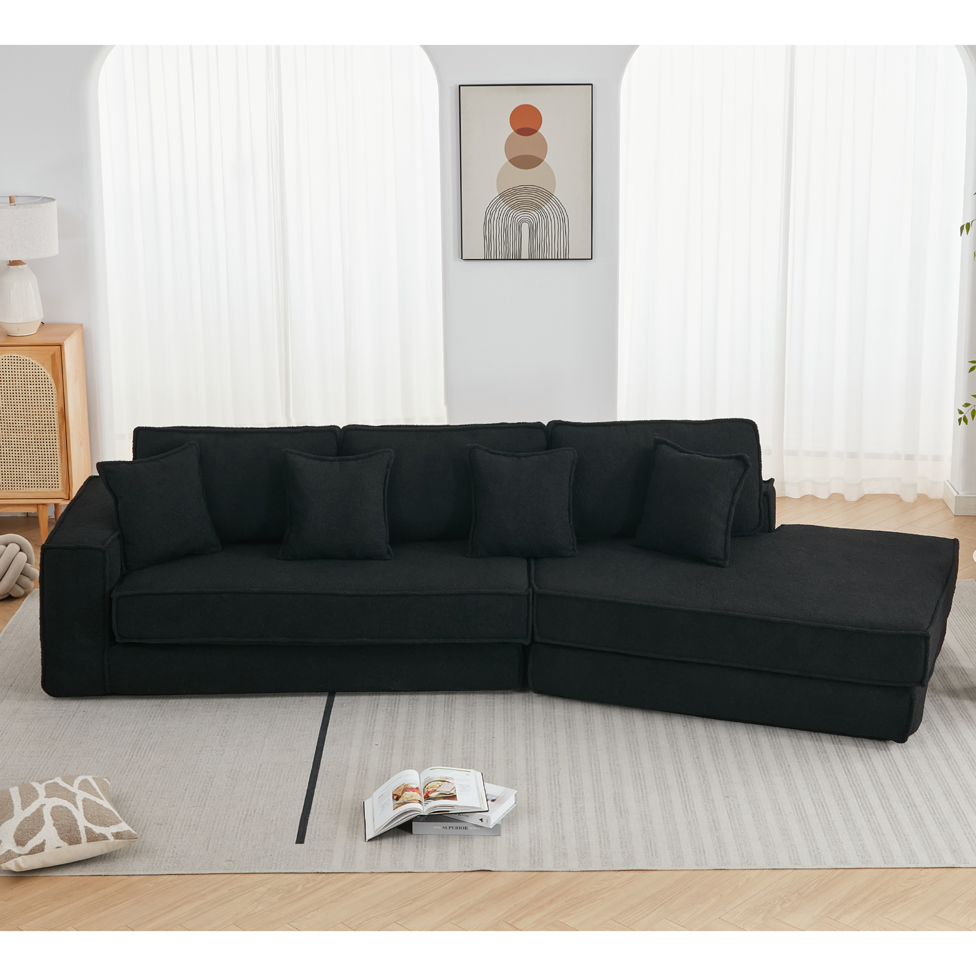 [NEW ARRIVED] [VIDEO PROVIDED]  Folding Convertible Out Sleeper Sofa Bed,2-in-1,  Combination Convertible Sofa,3 seat, Upholstered,Fold Out Floor Gaming Sofa Bed , Lamb Velvet Fabric,Living Room,Black