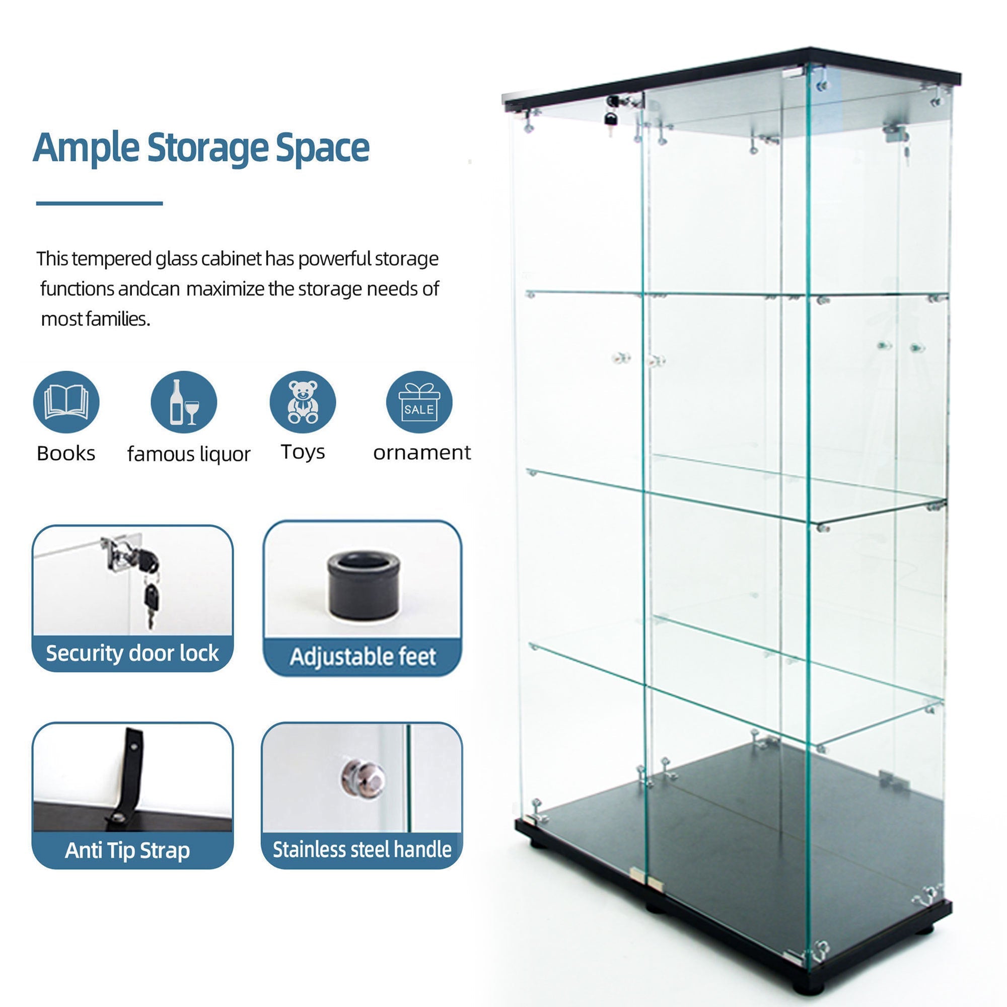 Tempered glass display cabinet,liquor cabinet, storage cabinet,file cabinet,with Bluetooth LED strip light,lock on the door,back panel is Mirror,suitable for living room,bedroom,corridor, office,black