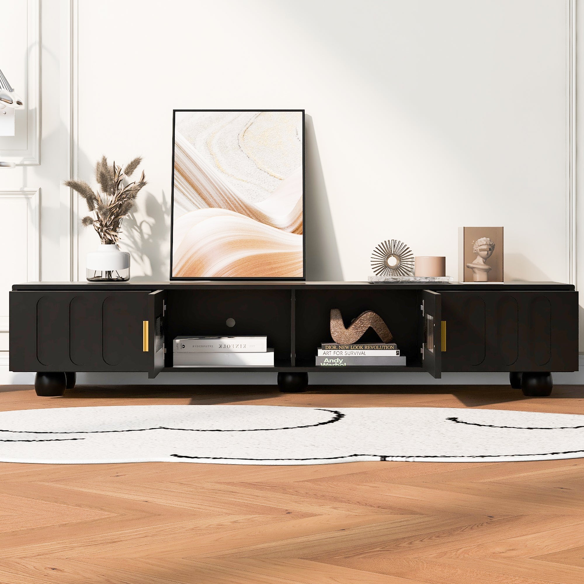 U-Can Modern TV Stand for TVs up to 80 Inches, Entertainment Center with Glass Door, TV Storage Cabinet with Solid Wood Legs and Metal Handles for Living room(OLD SKU:WF323694AAB )
