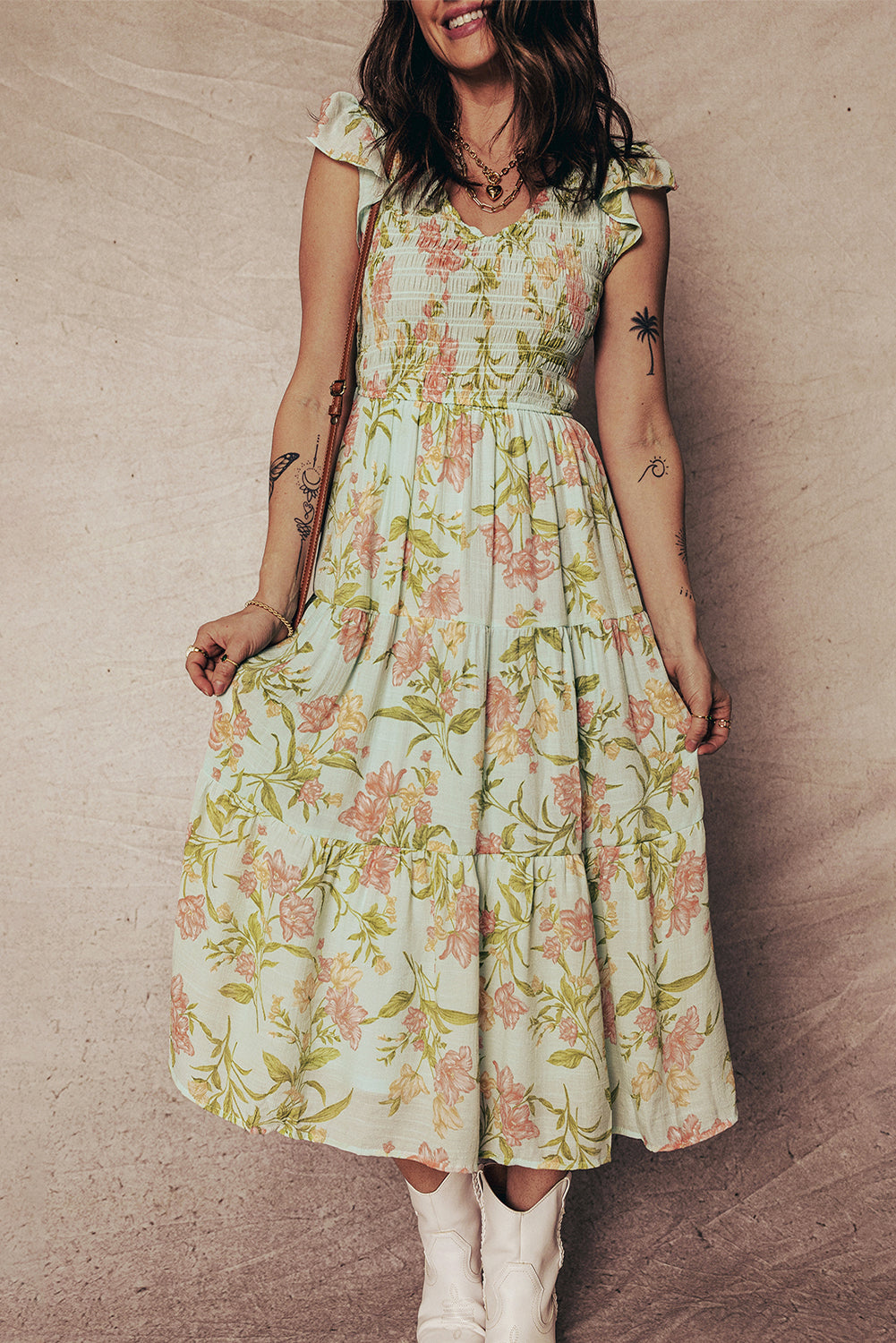 Floral Smocked V-Neck Ruffle Tiered Maxi Dress