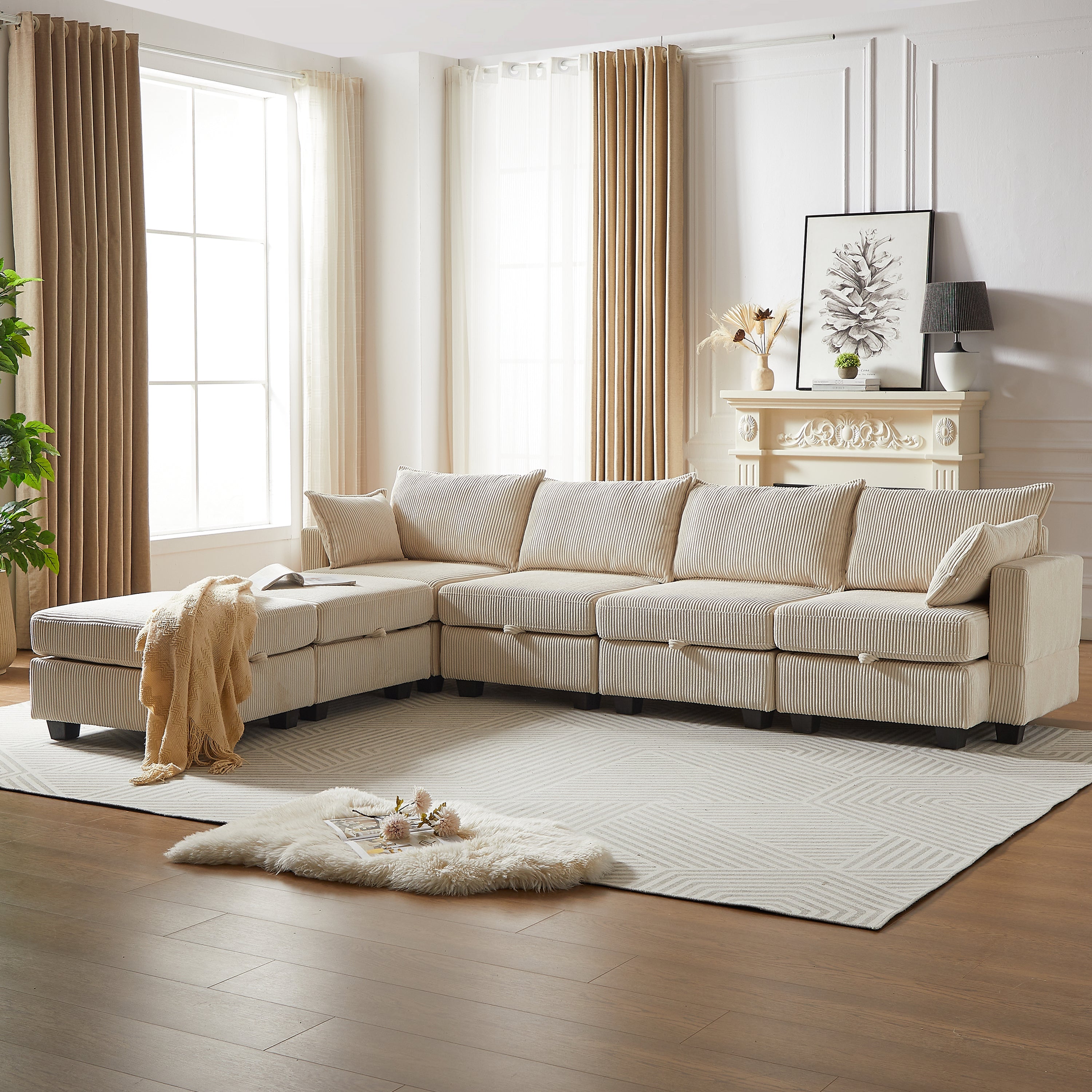 113.5'' Modular Sectiona Corduroy Sofa, Sectional Couches for Living Room U Shaped Sectional Couch with Storage Ottoman, 6 Seats Convertible Sectionals with Chaise