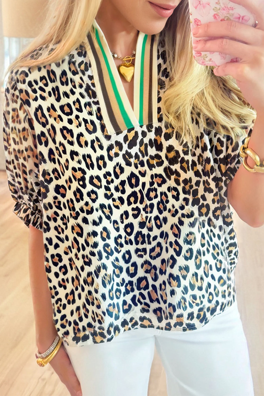 Leopard Colorblock Contrast V-Neck Short Sleeve Blouse