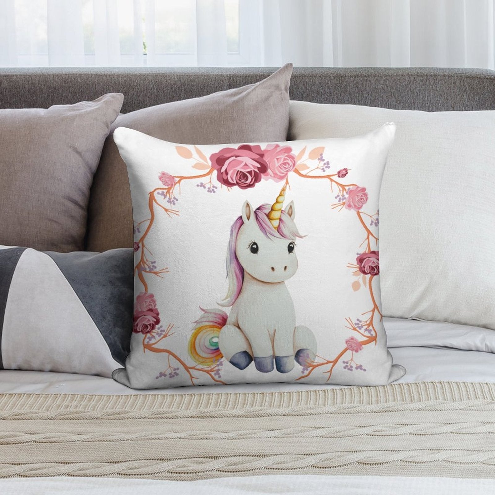 Baby Unicorn with Pink Roses Ultra-soft Pillowcase - 18" × 18"