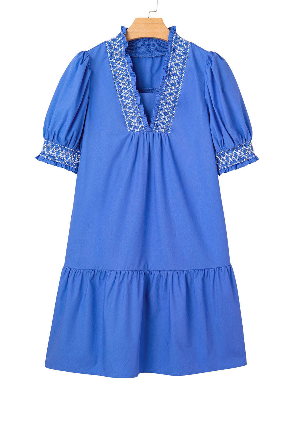 Embroidered Smocked V-Neck Puff Sleeve Mini Dress