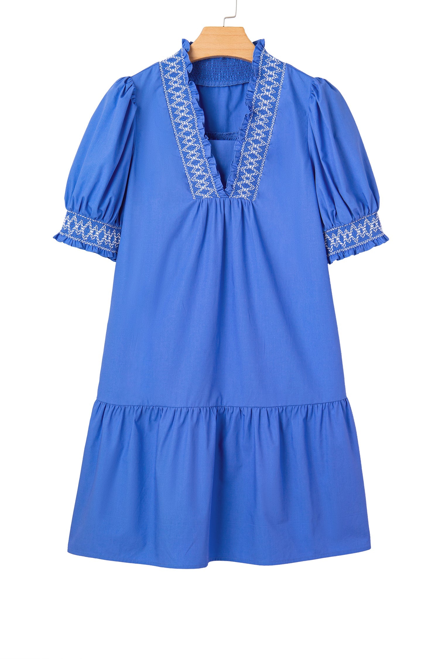 Embroidered Smocked V-Neck Puff Sleeve Mini Dress