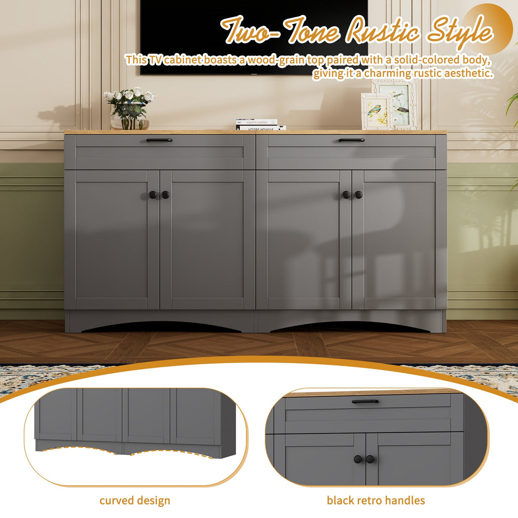 ON-TREND Farmhouse TV Stand with 2 Drawers for TVs Up to 70', Versatile Wood Grain Sideboard with Adjustable Shelves, Mid-Century Buffet Cabinet with Rustic Handles for Living Room/Bedroom, Grey