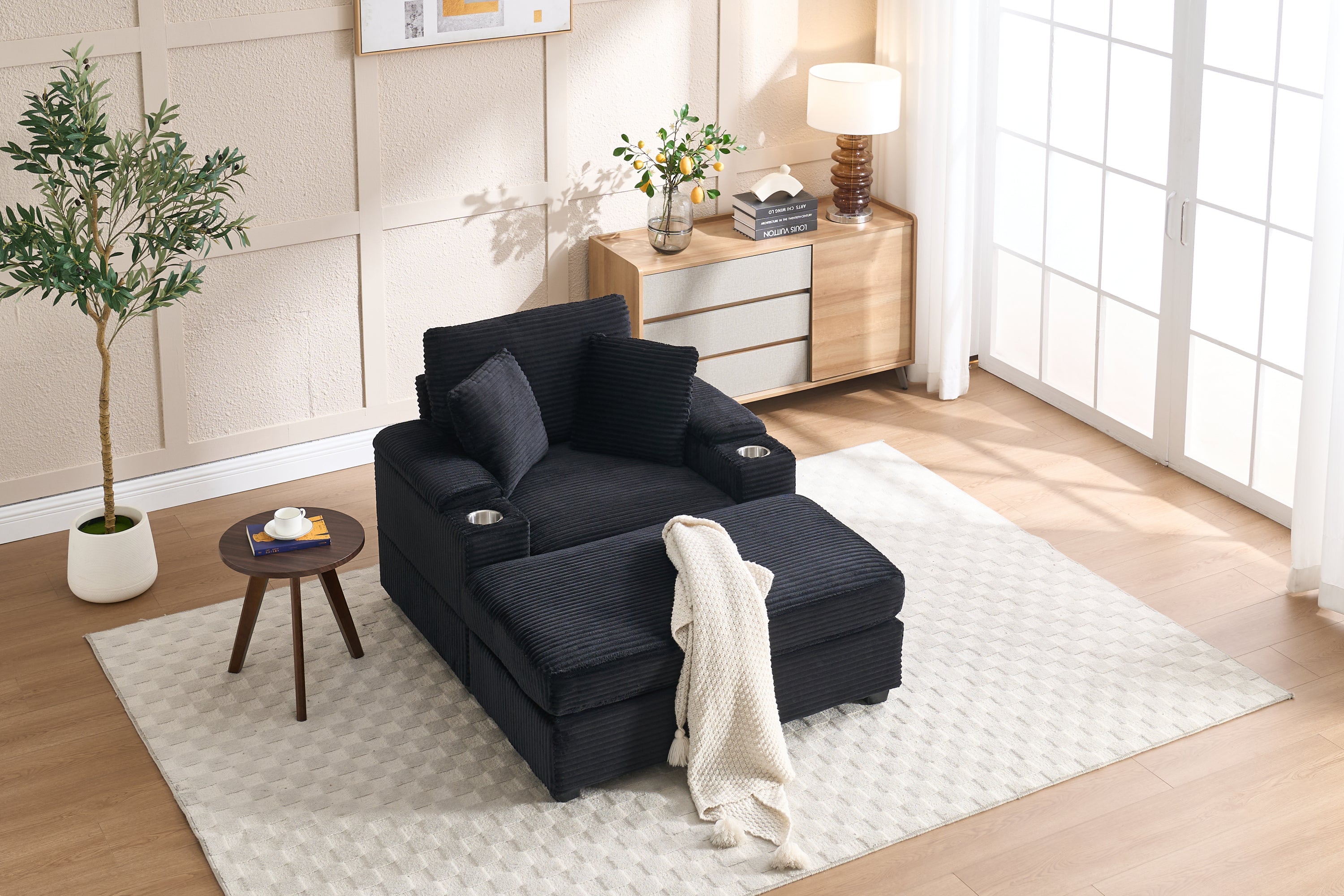 [VIDEO/New]Corduroy Upholstered Chaise Lounge Sofa with Handrail storage,Movable ottoman,Cupholders,Detachable Cushions Deep Seat for Living Room Office,5 colour,Wide stripe corduroy
