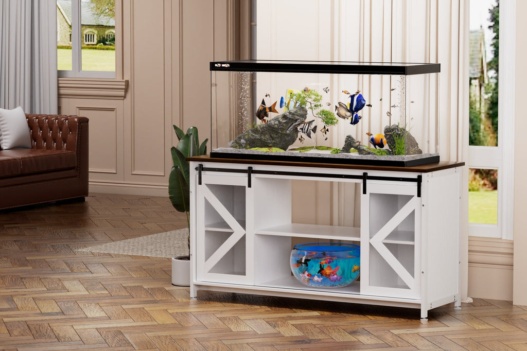 Metal Aquarium Stand with Cabinet for Fish Tank Accessories Storage, 80 Gallon, Turtle/ Reptile Terrariums, White, 58.9'' L x 19.7'' W x 32.6'' H.