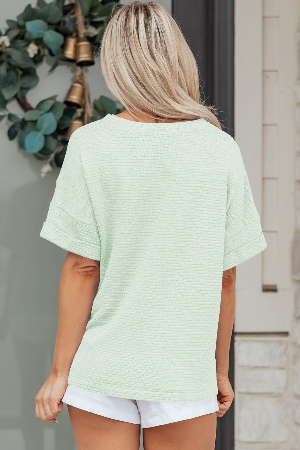 Solid Waffle Knit V-Neck Short Sleeve Top