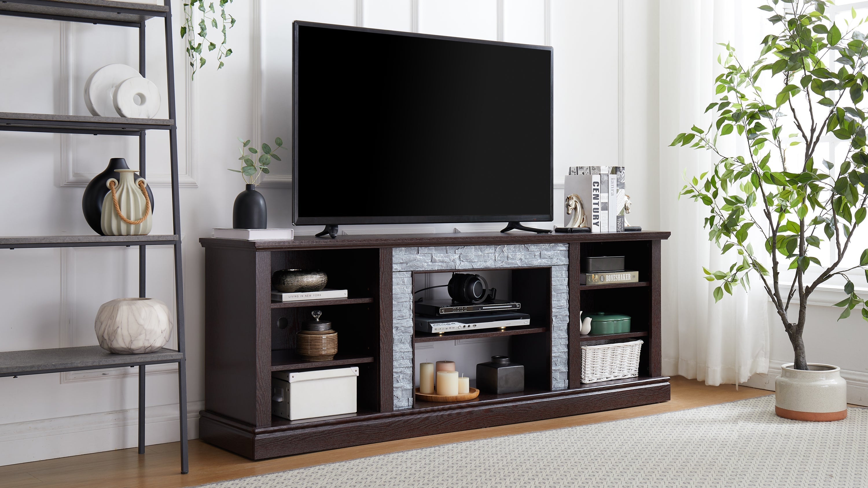 Large Faux Stacked Stone TV Stnad, Desk Storage Rack, Media Console Table with Large Storage Cabinet,Modern TV Media Entertaionment Stand,Cherry, 70.12'W*15.35'D*25.83'H