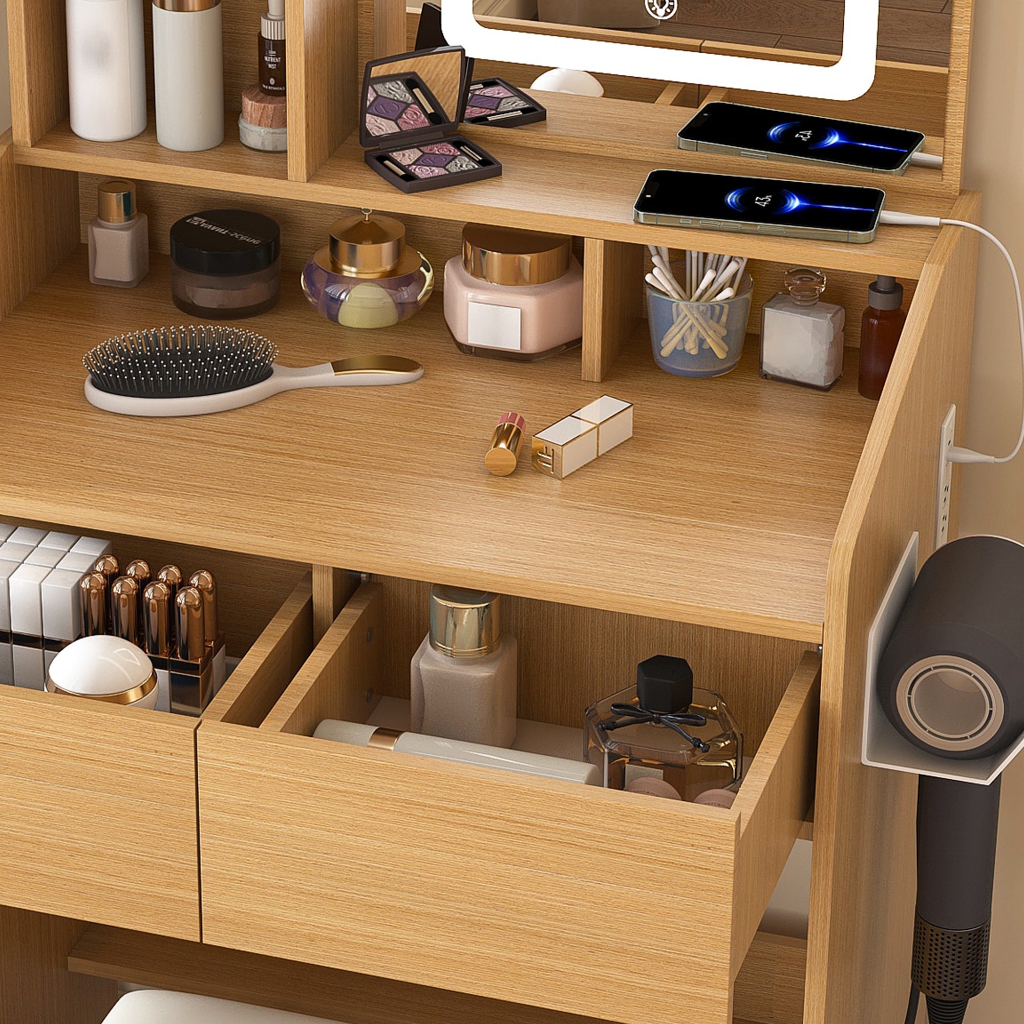 Modern Wood Vanity Table with LED Mirror, Power Outlet, Hairdryer Holder & Padded Stool – Compact Dressing Desk for Small Bedrooms