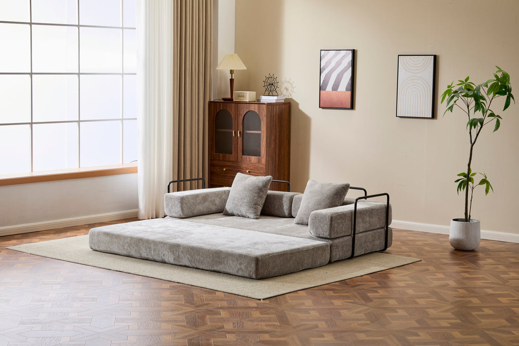 Floor Couch,Compression Sofa,Convertible Floor Sofa Bed-with Pillow Back Support Armrest,Comfy Futon Couch Lounge Sleeper Bed,Chenille fabric,for Living Room Bedroom (LIGHT-GREY)