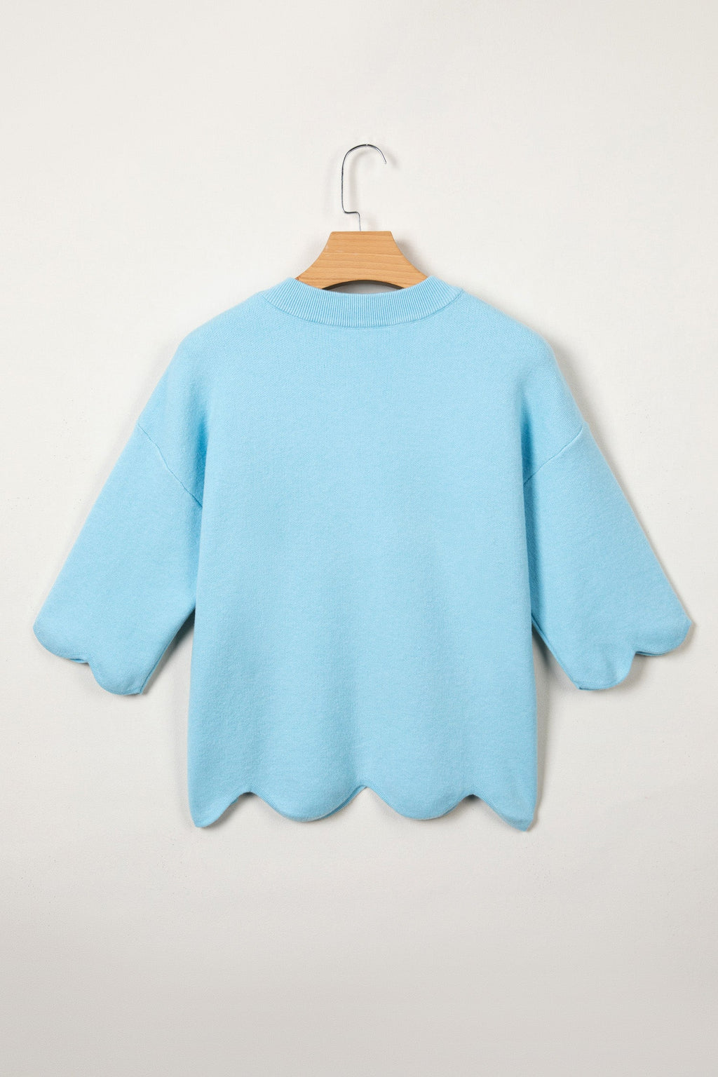 Solid Scalloped Hem 3/4 Sleeve Sweater Top