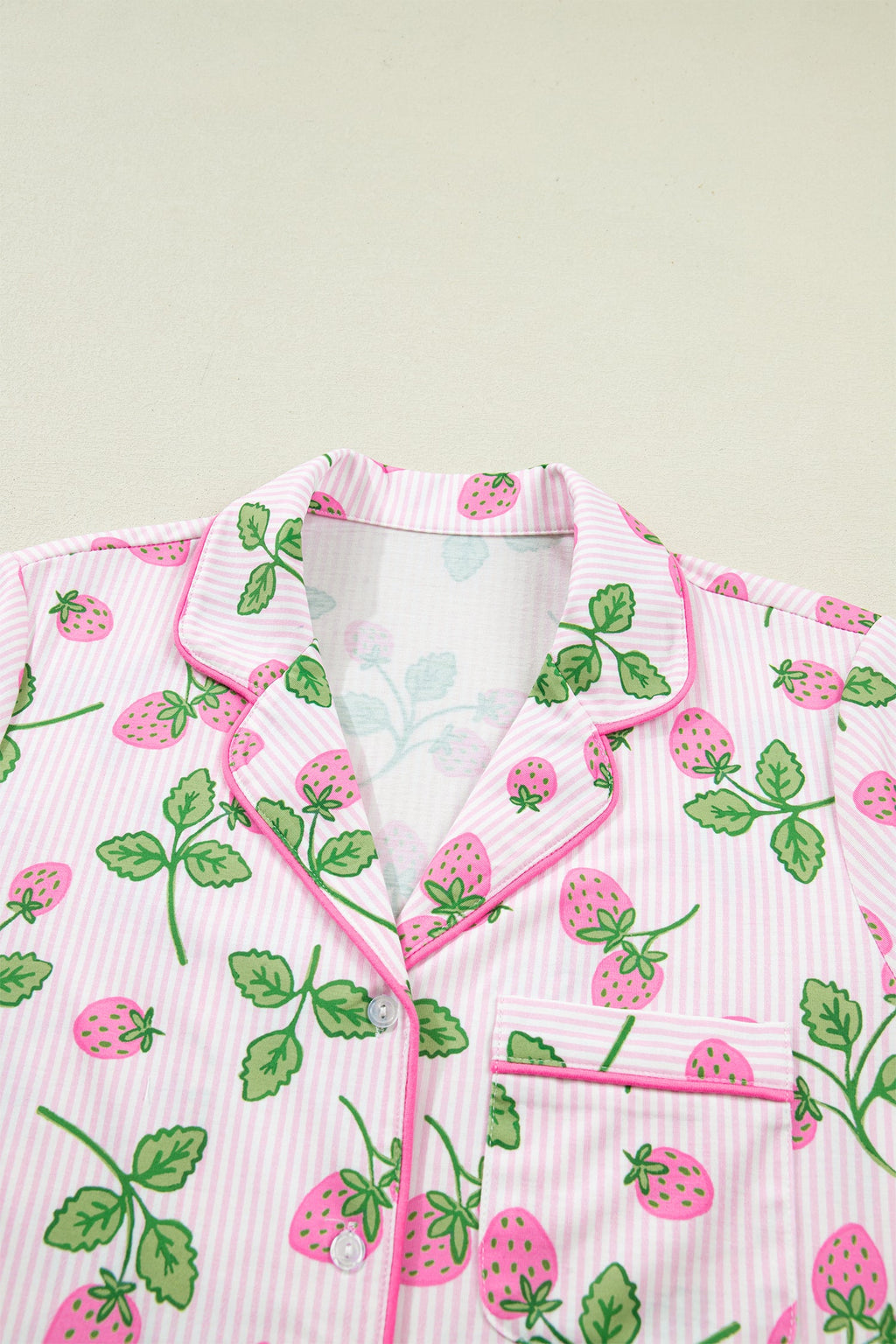 Stripe Strawberry Lapel Shirt & Drawstring Shorts Set
