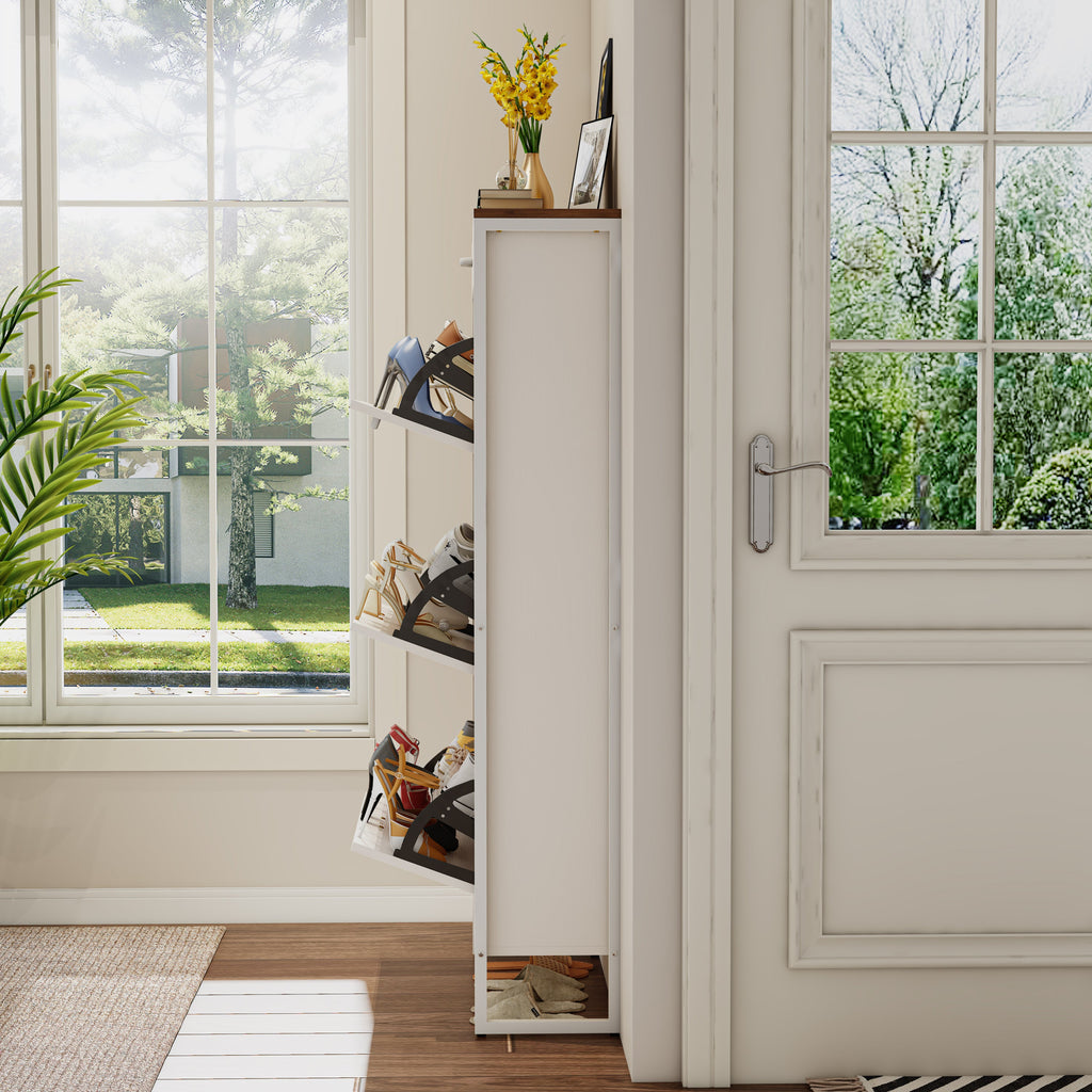 Shoe Storage Cabinet with 3 Flip Drawers&1 Drawer, Slim Freestanding Storage Racks for Entryway, Hallway, Hidden Narrow Shoe Organizers Perfect for Heels, Boots, Slippers, white/Walnut