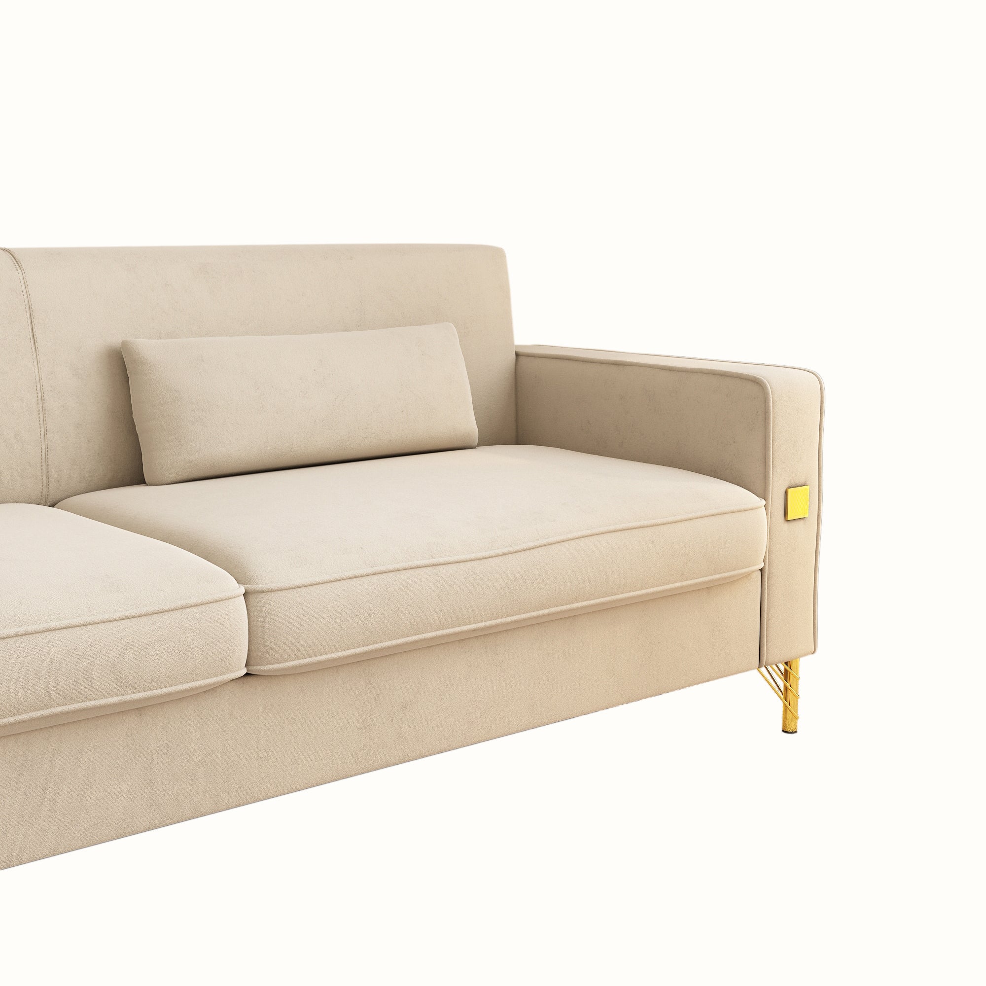 FX-P18-BE(SOFA)Modern Beige Sofa Couch for Living Room, 85.83' Upholstered 3-Seater Sofa with Metal Legs & Pillows, Minimalist Style