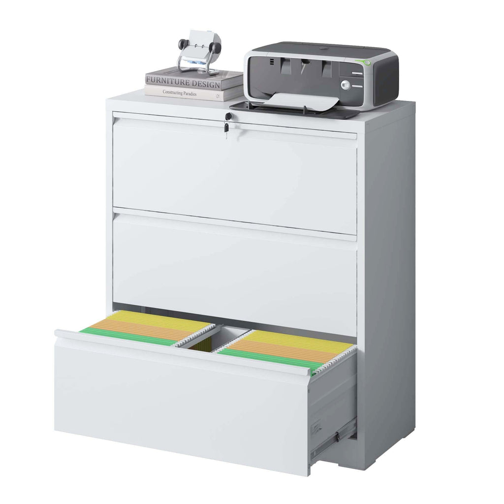 Modern White 3-Drawer Lateral File Cabinet with Lock for Home Office, Metal Filing Cabinet for Legal/Letter/A4/F4 Files