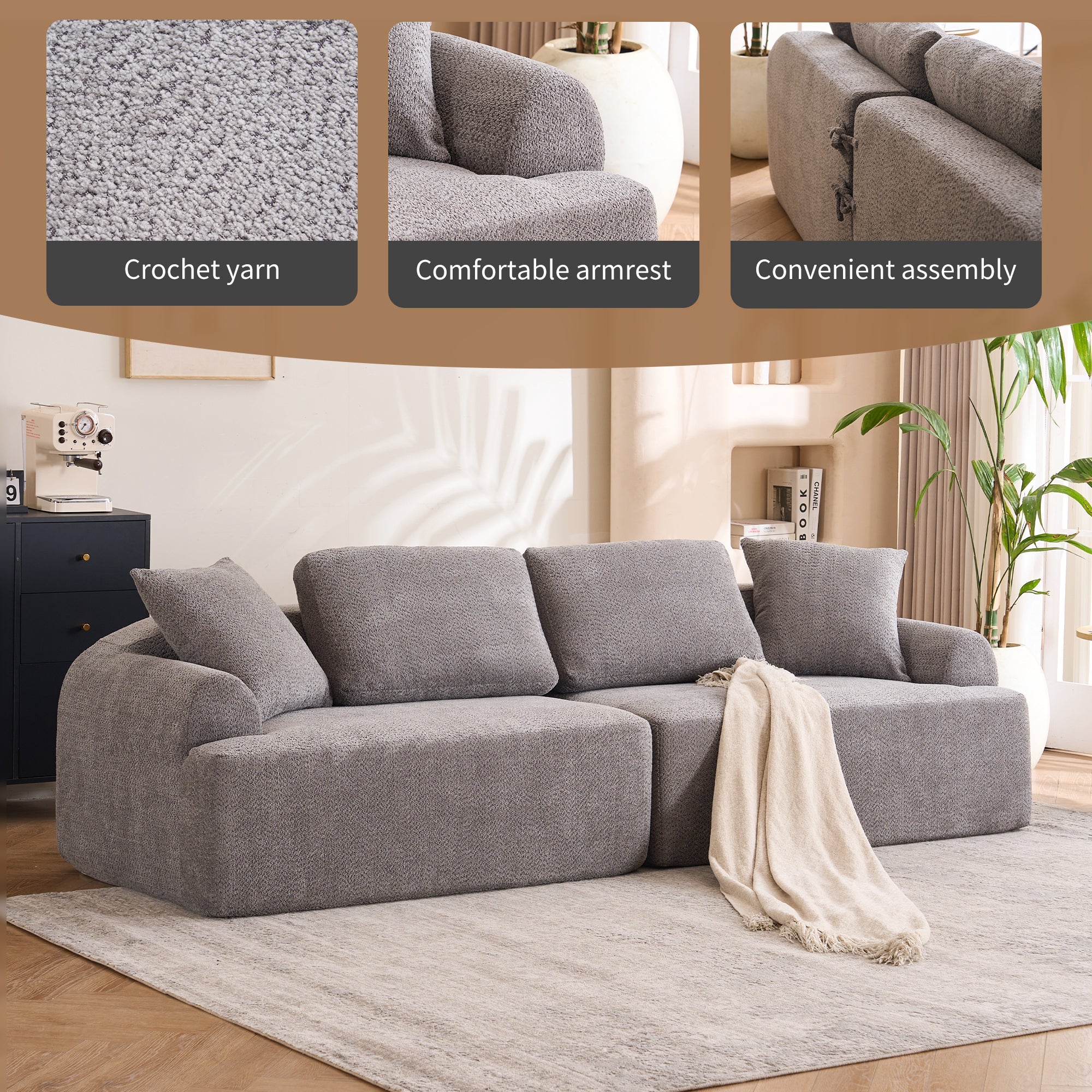 LY-024GY COMPRESSION SOFA: 4-seater combined sofa, Crochet Yarn Fabric, full sponge compression sofa,combined sofa with 4 pillows for home living/ Home Furniture/ Apartment/Office/House