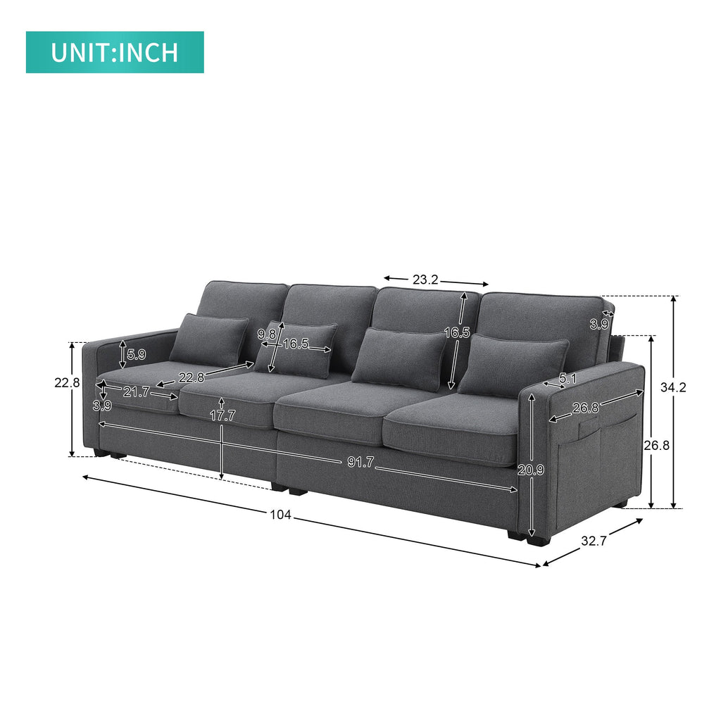 [VIDEO provided] [New] 104' 4-Seater Modern Linen Fabric Sofa with Armrest Pockets and 4 Pillows,Minimalist Style Couch for Living Room, Apartment, Office,3 Colors