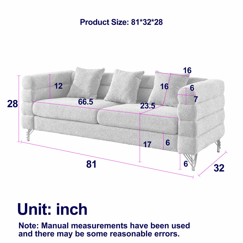 81Inch Oversized 3 Seater Sectional Sofa, Living Room Comfort Fabric Sectional Sofa - Deep Seating Sectional Sofa, Soft Sitting with 3 Pillows for Living Room, Bedroom, Office Green teddy (W834S00033)