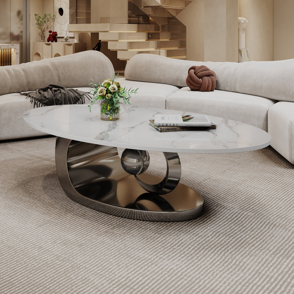 Marble Coffee Table with Sculptural Stainless Steel Base