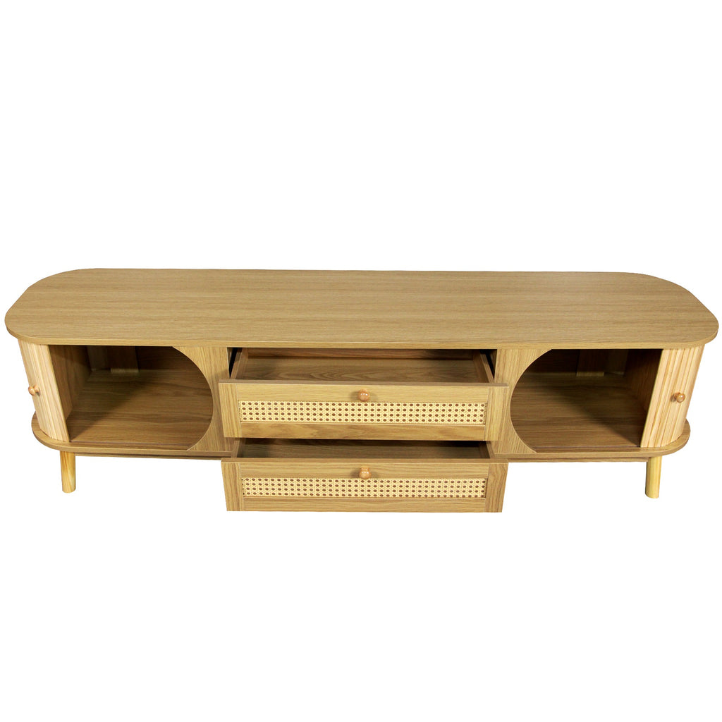 Rattan TV Stand for TVs up to 75'', Modern Farmhouse Media Console, Entertainment Center with Solid Wood Legs, TV Cabinet for Living Room,Home Theatre