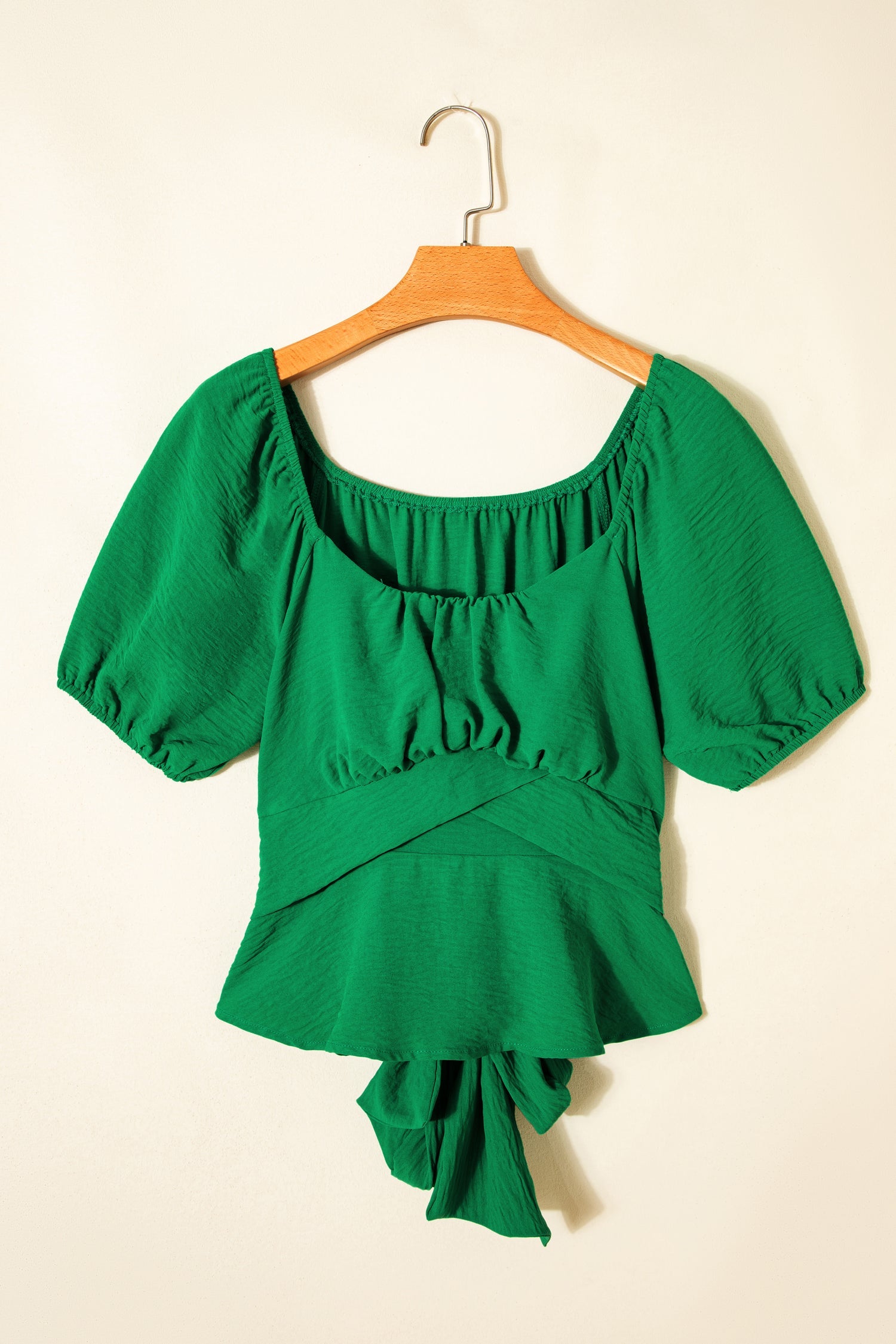 Solid Ruched Cross Waist Tied Back Peplum Top
