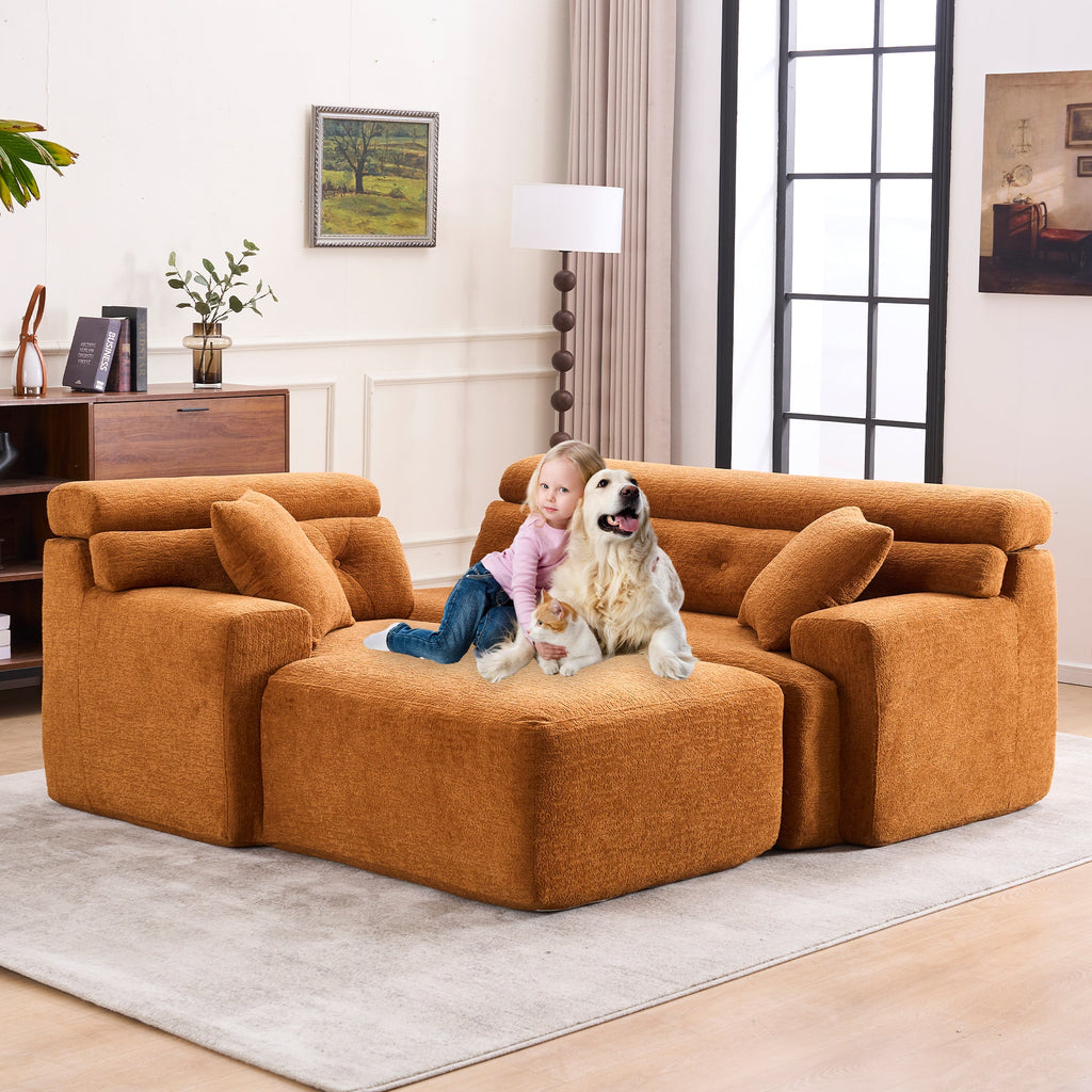 LY-029B Convertible Chaise Sectional Sofa, Full Compression Sponge Modular Couch for Apartment Living Room,Orange 3-Seater with Wood Grain Chenille, 2 Pillows Included, 86'L