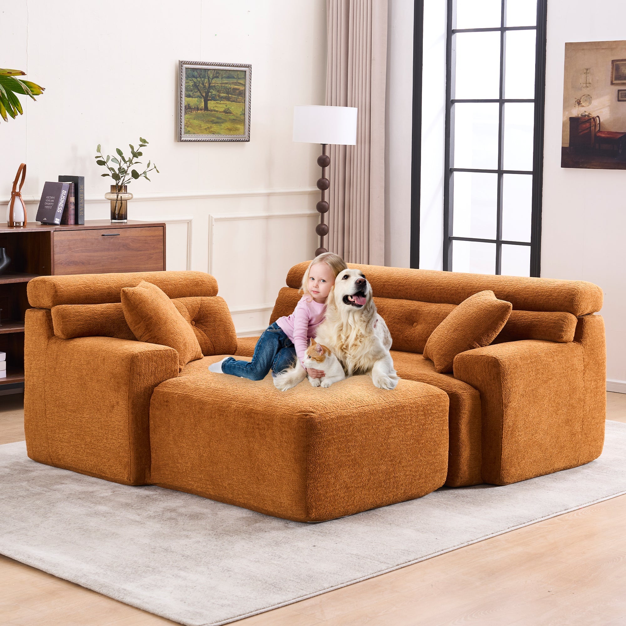 LY-029B Convertible Chaise Sectional Sofa, Full Compression Sponge Modular Couch for Apartment Living Room,Orange 3-Seater with Wood Grain Chenille, 2 Pillows Included, 86'L
