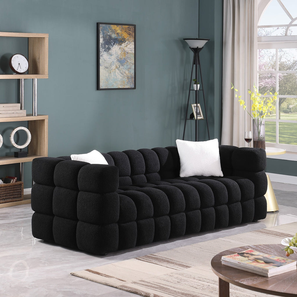 84.3 length ,35.83' deepth ,human body structure for USA people,  marshmallow sofa,boucle sofa ,black color,3 seater