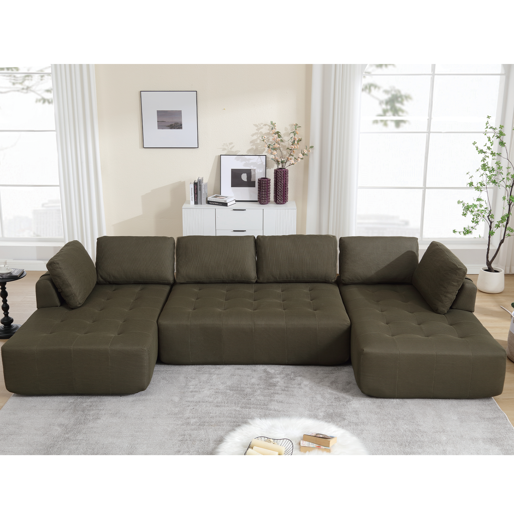 [NEW ARRIVED] [VIDEO PROVIDED]138.5 'Modular Combination Sofa, U-shaped Sofa, Living Room, Apartment, Upholstered ,6-seat Sofa, Free Combination Sofa (Mesh Fabric), Breathable Fabric,Green