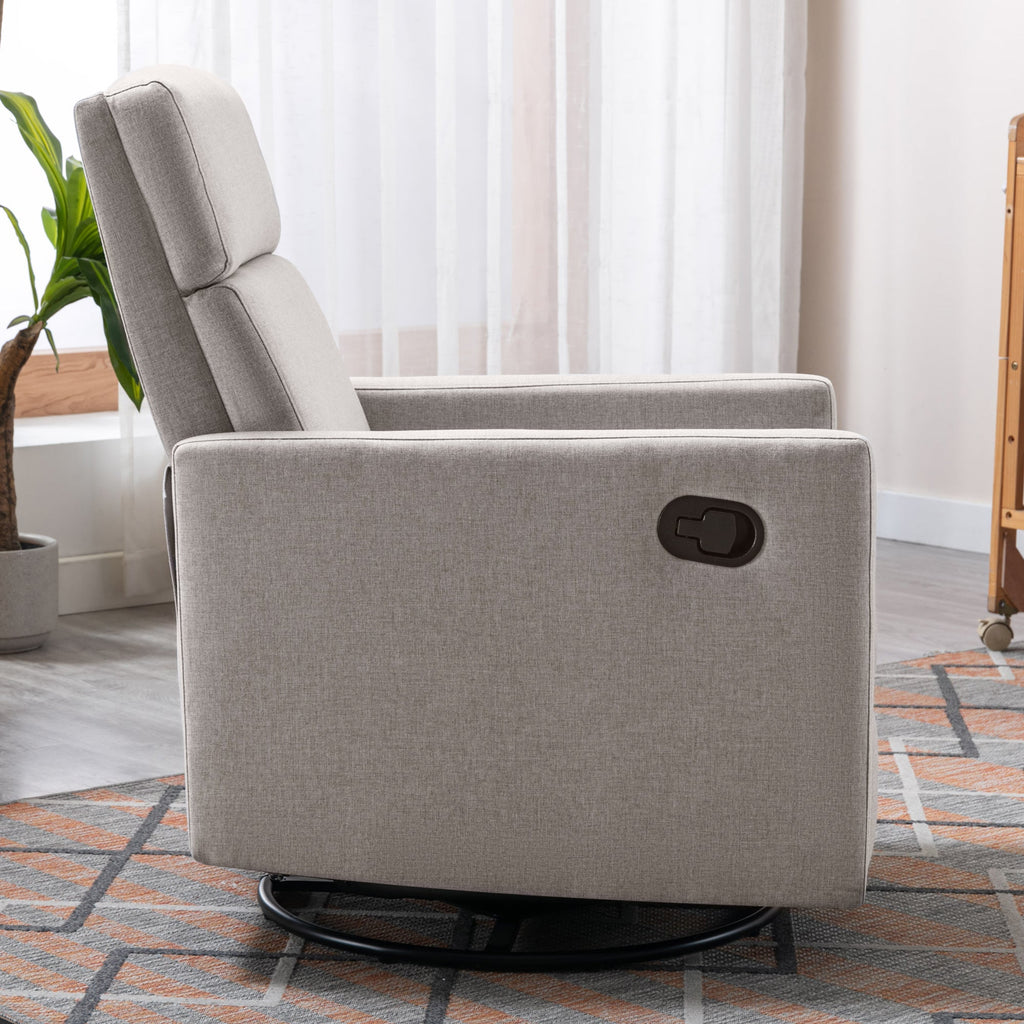 Modern Upholstered Rocker Nursery Chair with Plush Seating, Tan Linen, Swivel Recliner