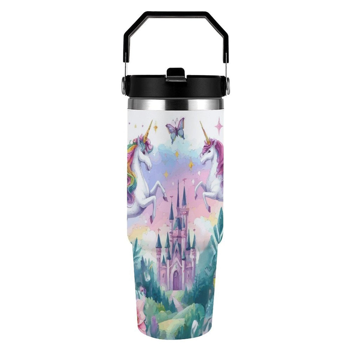 Purple Unicorn and Castle 30 oz Water Bottle Tumbler